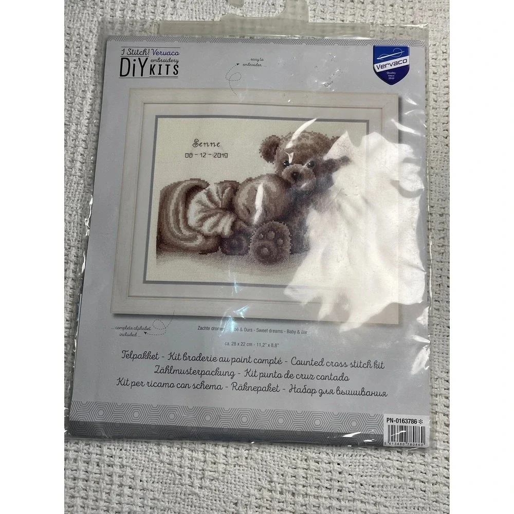 Vervaco Counted Cross Stitch Kit Sweet Dreams Baby Bear Name Date DIY Embroidery